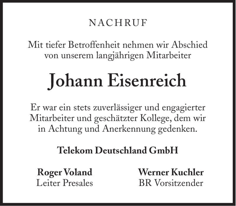  Traueranzeige für Johann Eisenreich vom 01.09.2012 aus Süddeutsche Zeitung