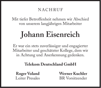 Traueranzeige von Johann Eisenreich von Süddeutsche Zeitung