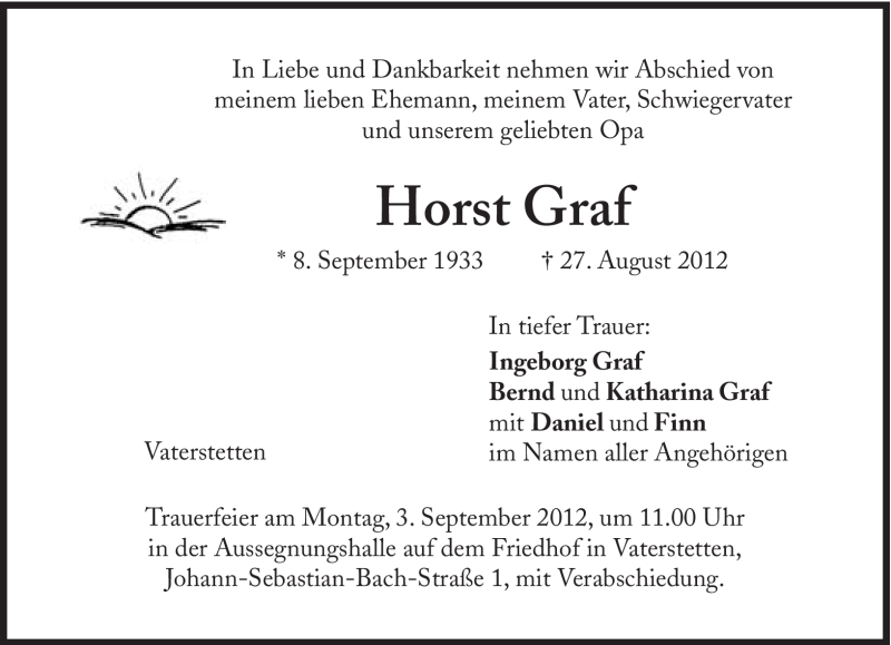  Traueranzeige für Horst Graf vom 30.08.2012 aus Süddeutsche Zeitung