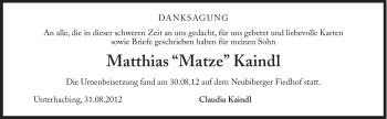 Traueranzeige von Matthias Kaindl von Süddeutsche Zeitung