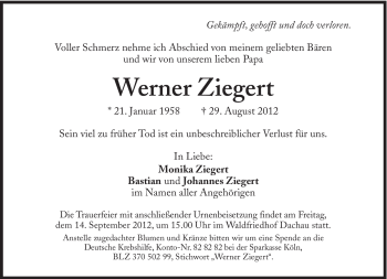 Traueranzeige von Werner Ziegert von Süddeutsche Zeitung