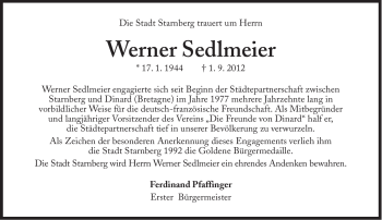 Traueranzeige von Werner Sedlmeier von Süddeutsche Zeitung