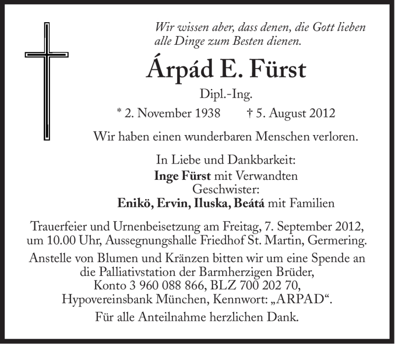  Traueranzeige für Árpád Fürst vom 05.09.2012 aus Süddeutsche Zeitung