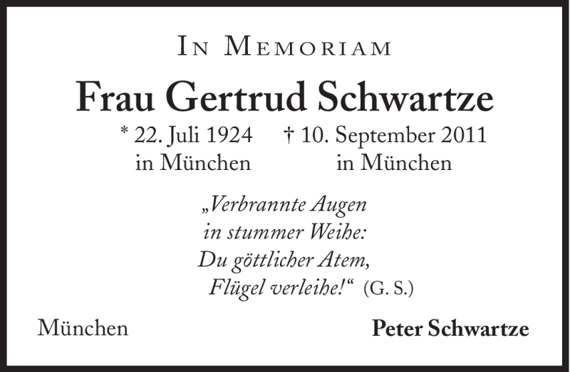 Traueranzeige für Gertrud Schwartze vom 10.09.2012 aus Süddeutsche Zeitung