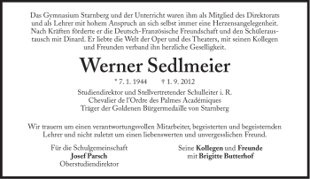 Traueranzeige von Werner Sedlmeier von Süddeutsche Zeitung