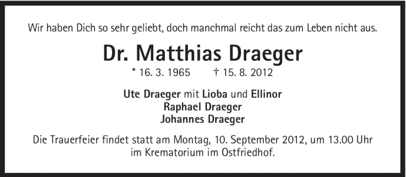  Traueranzeige für Matthias Draeger vom 07.09.2012 aus Süddeutsche Zeitung