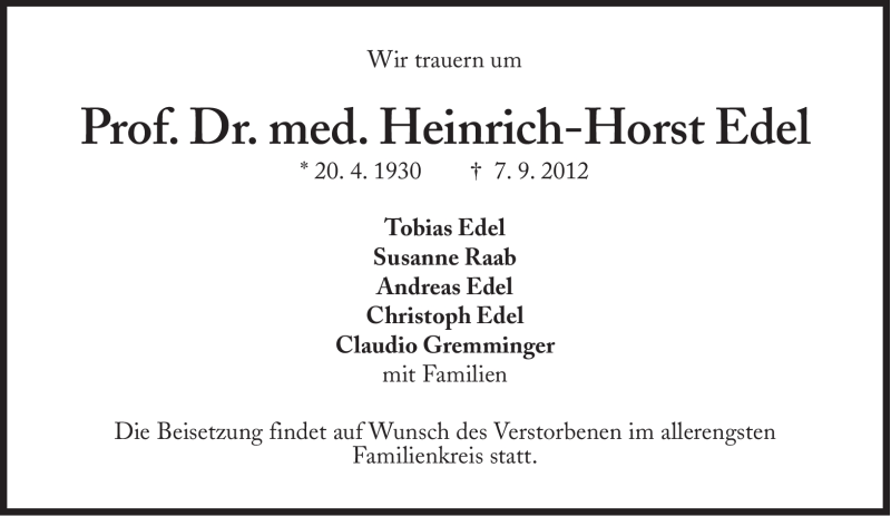  Traueranzeige für Heinrich-Horst Edel vom 12.09.2012 aus Süddeutsche Zeitung