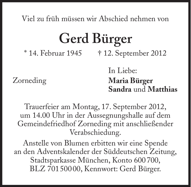  Traueranzeige für Gerd Bürger vom 13.09.2012 aus Süddeutsche Zeitung