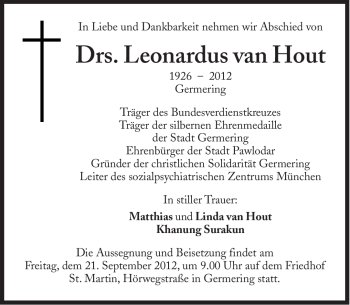 Traueranzeige von Leonardus  von Hout von Süddeutsche Zeitung