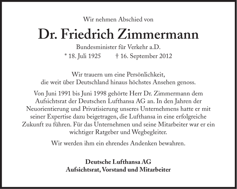  Traueranzeige für Friedrich Zimmermann vom 22.09.2012 aus Süddeutsche Zeitung