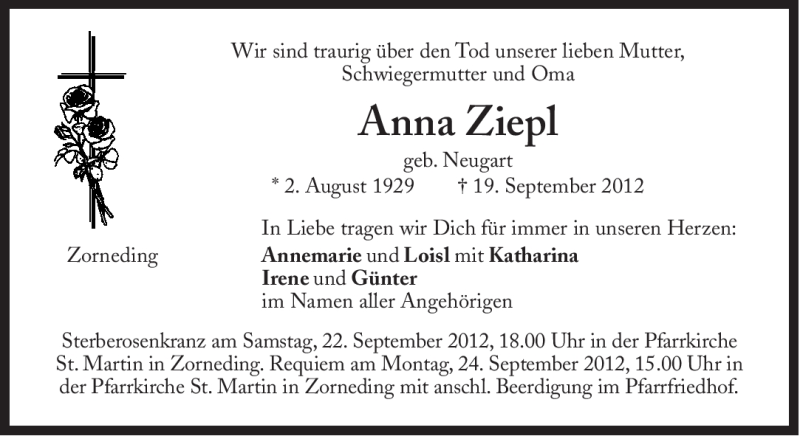  Traueranzeige für Anna Ziepl vom 22.09.2012 aus Süddeutsche Zeitung