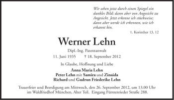 Traueranzeige von Werner Lehn von Süddeutsche Zeitung