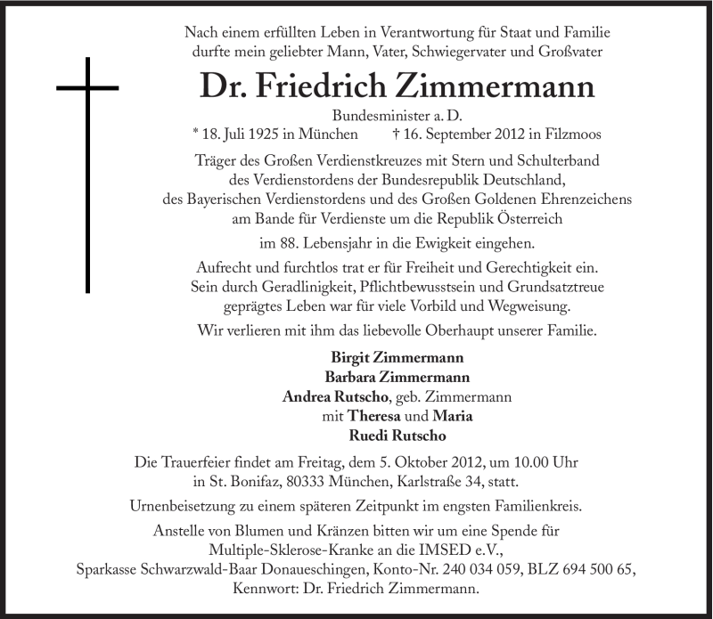  Traueranzeige für Friedrich Zimmermann vom 22.09.2012 aus Süddeutsche Zeitung