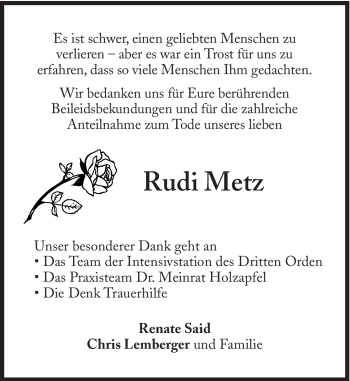 Traueranzeige von Rudi Metz von Süddeutsche Zeitung