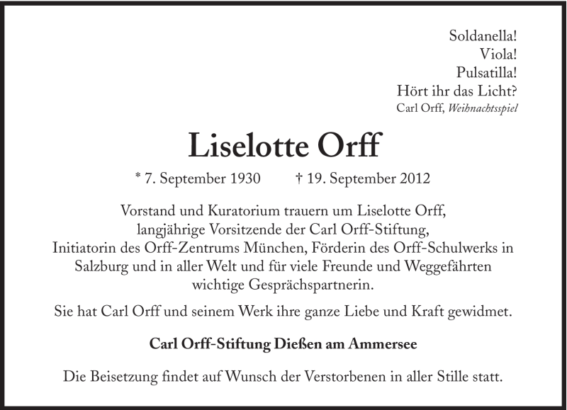  Traueranzeige für Liselotte Orff vom 22.09.2012 aus Süddeutsche Zeitung