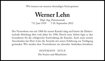 Traueranzeige von Werner Lehn von Süddeutsche Zeitung