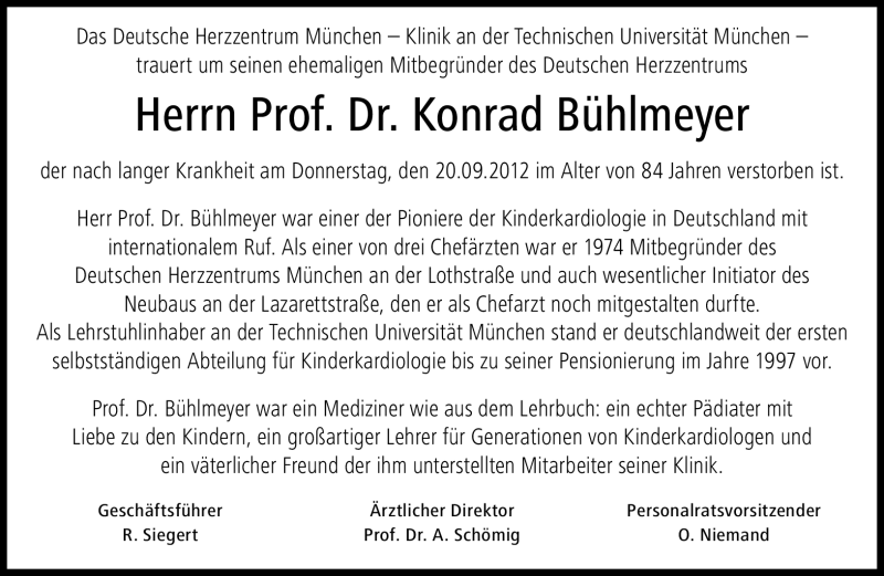  Traueranzeige für Konrad Bühlmeyer vom 25.09.2012 aus Süddeutsche Zeitung
