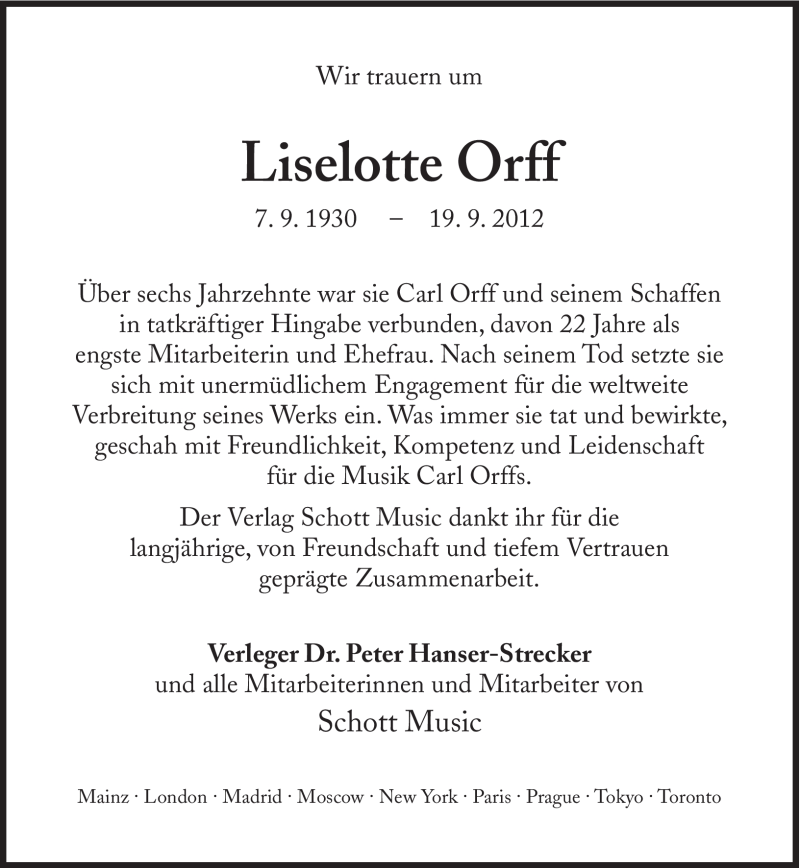  Traueranzeige für Liselotte Orff vom 27.09.2012 aus Süddeutsche Zeitung