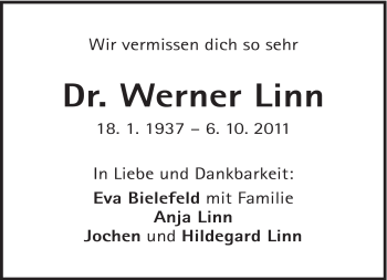 Traueranzeige von Werner Linn von Süddeutsche Zeitung