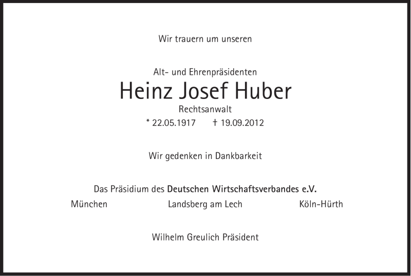 Traueranzeige für Heinz Josef Huber vom 29.09.2012 aus Süddeutsche Zeitung