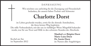 Traueranzeige von Charlotte Dorst von Süddeutsche Zeitung