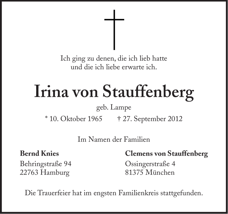  Traueranzeige für Irina von Stauffenberg vom 06.10.2012 aus Süddeutsche Zeitung