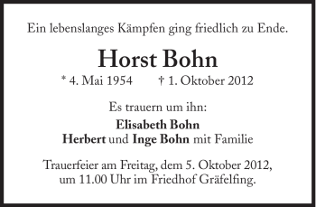 Traueranzeige von Horst Bohn von Süddeutsche Zeitung