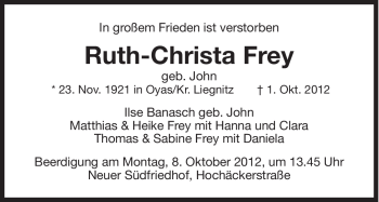 Traueranzeige von Ruth-Christa Frey von Süddeutsche Zeitung
