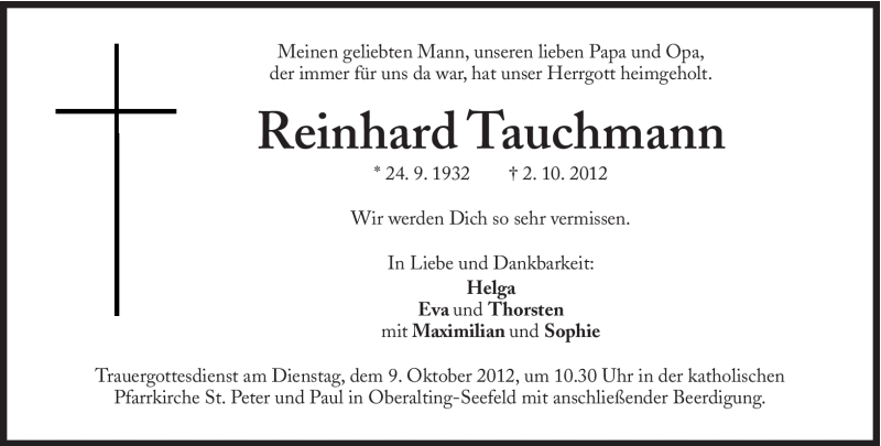  Traueranzeige für Reinhard Tauchmann vom 06.10.2012 aus Süddeutsche Zeitung