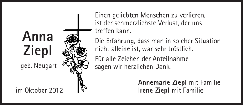  Traueranzeige für Anna Ziepl vom 06.10.2012 aus Süddeutsche Zeitung
