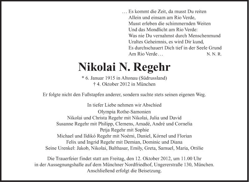  Traueranzeige für Nikolai Regehr vom 09.10.2012 aus Süddeutsche Zeitung