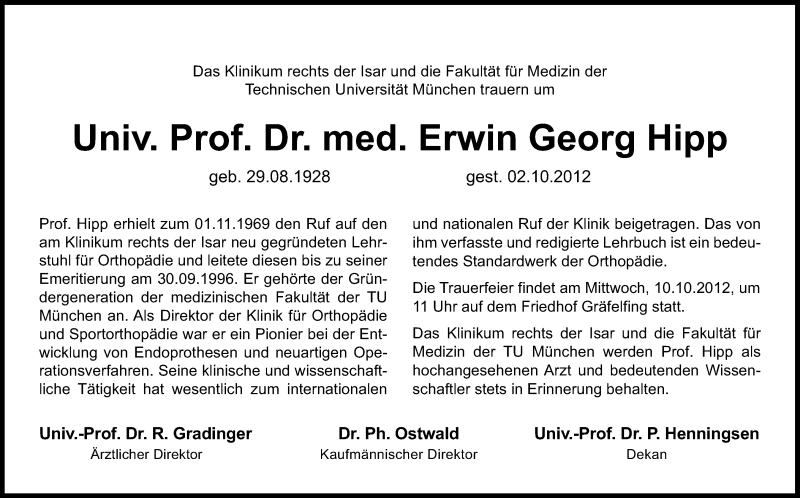  Traueranzeige für Erwin Georg Hipp vom 08.10.2012 aus Süddeutsche Zeitung