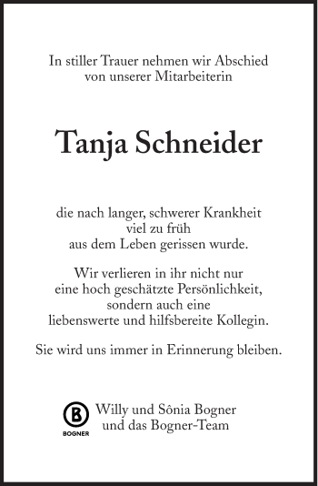 Traueranzeige von Tanja Schneider von Süddeutsche Zeitung