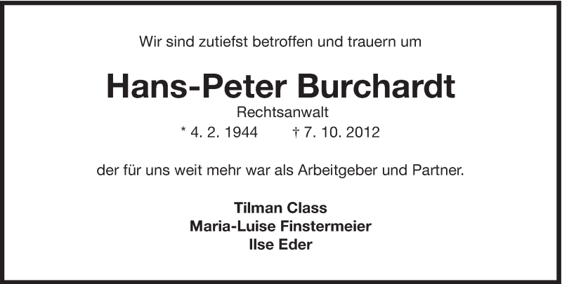  Traueranzeige für Hans-Peter Burchardt vom 13.10.2012 aus Süddeutsche Zeitung