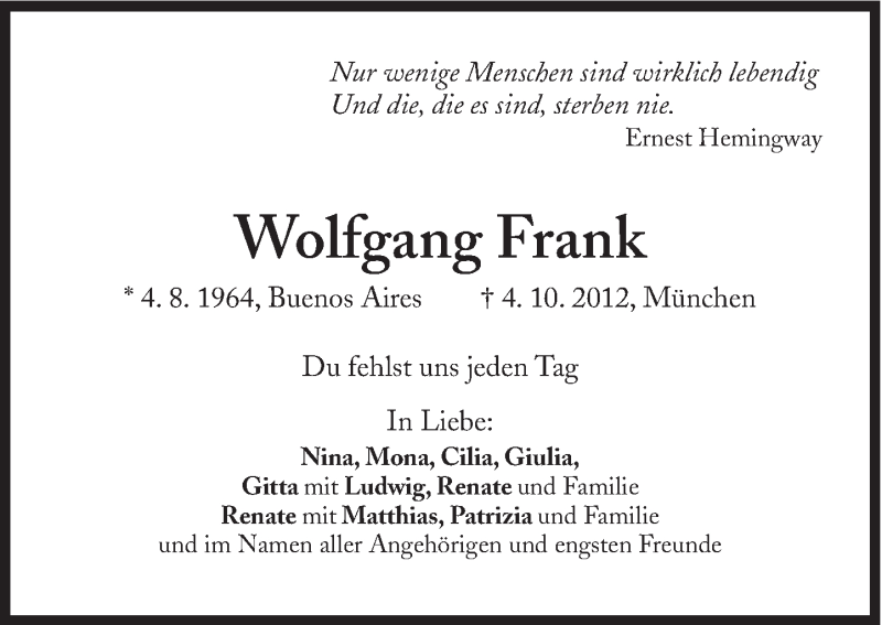  Traueranzeige für Wolfgang Frank vom 13.10.2012 aus Süddeutsche Zeitung