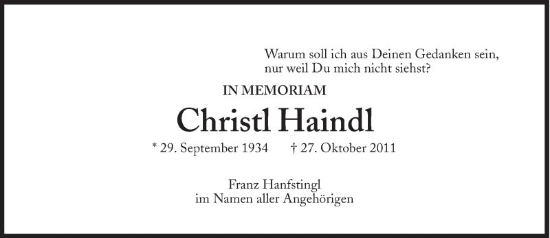  Traueranzeige für Christl Haindl vom 27.10.2012 aus Süddeutsche Zeitung