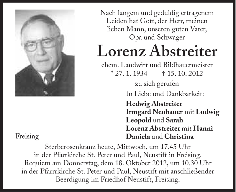  Traueranzeige für Lorenz Abstreiter vom 17.10.2012 aus Süddeutsche Zeitung