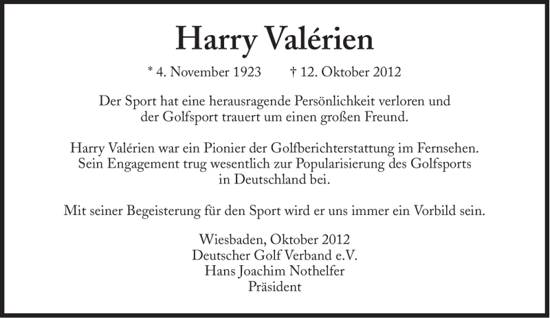  Traueranzeige für Harry Valérien vom 19.10.2012 aus Süddeutsche Zeitung