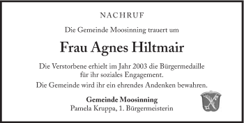 Traueranzeige von Agnes Hiltmair von Süddeutsche Zeitung