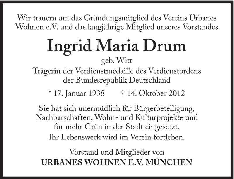  Traueranzeige für Ingrid Maria Drum vom 19.10.2012 aus Süddeutsche Zeitung