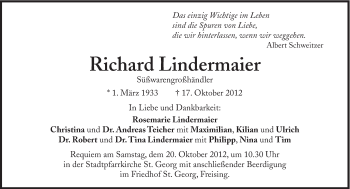 Traueranzeige von Richard Lindermaier von Süddeutsche Zeitung