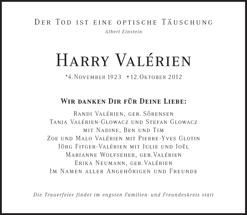  Traueranzeige für Harry Valérien vom 20.10.2012 aus Süddeutsche Zeitung