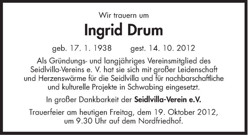  Traueranzeige für Ingrid Maria Drum vom 19.10.2012 aus Süddeutsche Zeitung