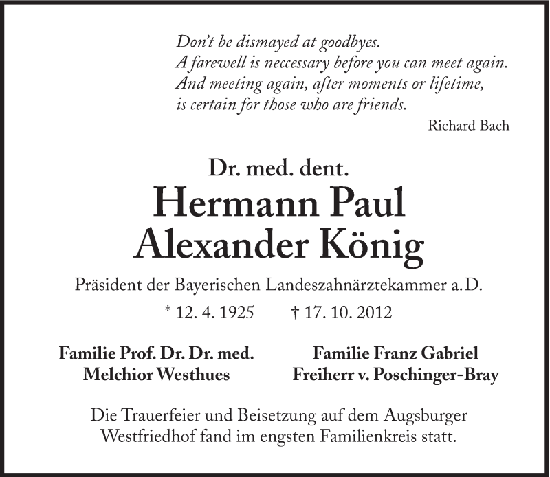  Traueranzeige für Hermann König vom 27.10.2012 aus Süddeutsche Zeitung