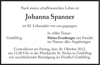 Traueranzeige von Johanna Spanner von Süddeutsche Zeitung