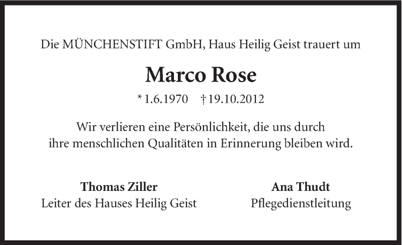  Traueranzeige für Marco Rose vom 27.10.2012 aus Süddeutsche Zeitung