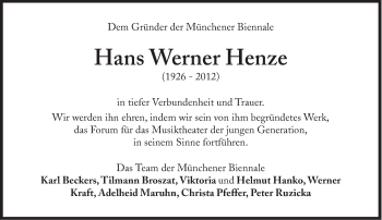 Traueranzeige von Hans Werner Henze von Süddeutsche Zeitung