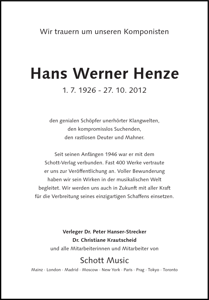  Traueranzeige für Hans Werner Henze vom 31.10.2012 aus Süddeutsche Zeitung