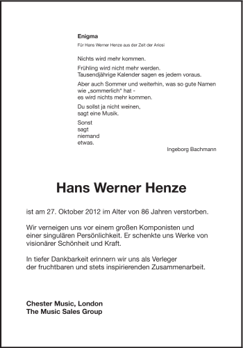 Traueranzeige von Hans Werner Henze von Süddeutsche Zeitung