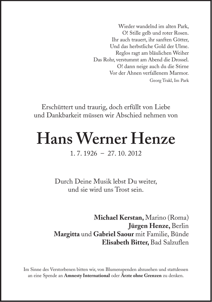  Traueranzeige für Hans Werner Henze vom 30.10.2012 aus Süddeutsche Zeitung